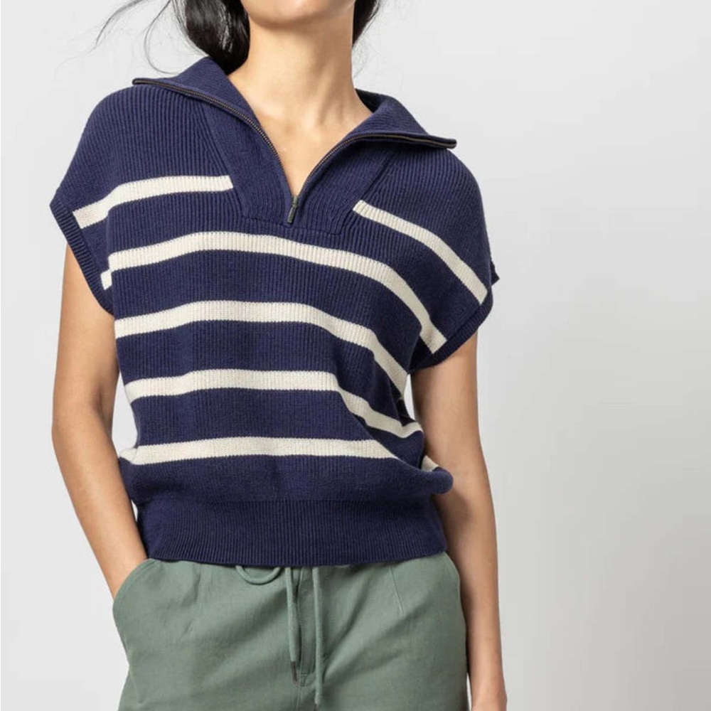 Lilla P half zip Navy and Cream V-Neck Sweater